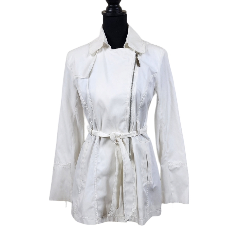 Vince Camuto White Belted Hooded Waterproof Trench Coat Size Small